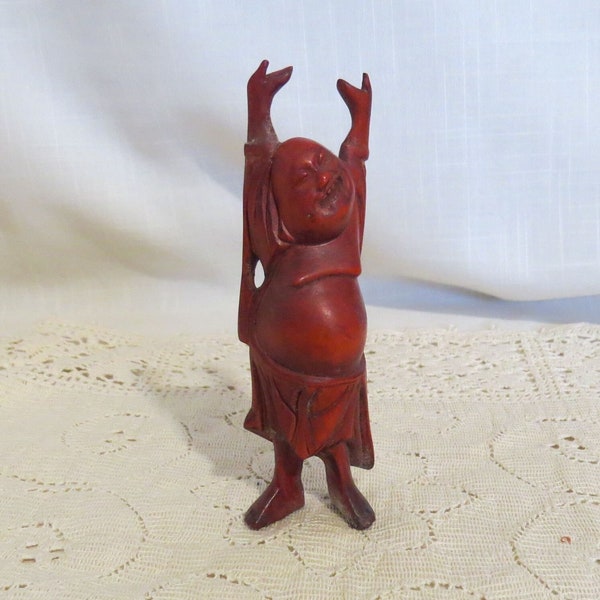 SALE Vintage Large Hotei Netsuke Hand Carved Wood Smiling Buddha Netsuke