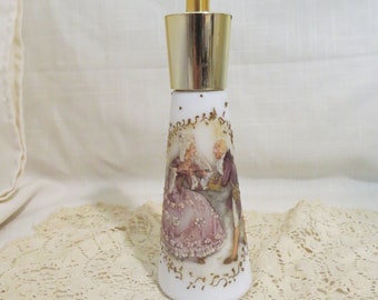 Vintage Hand Painted Milk Glass Perfume Atomizer Courting Colonial Couple Coralene Glass Refillable Atomizer