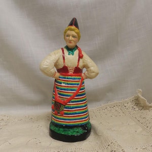 Vintage Folk Art Souvenir Lindsborg Kansas Hand Painted Swedish Dancer Woman Oscar Gunnarson Cement Sculpture With Original Label