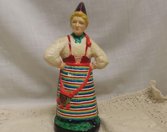 SALE Vintage Folk Art Souvenir Lindsborg Kansas Hand Painted Swedish Dancer Woman Oscar Gunnarson Cement Sculpture With Original Label