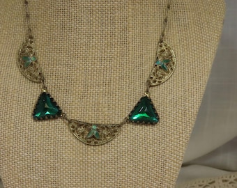 Antique Art Nouveau Czech Necklace Hand Painted Enamel Hand Set Green Glass Stones