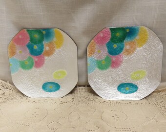 SALE Vintage Hand Painted Enamel Over Copper Floral Plates Chinoiserie