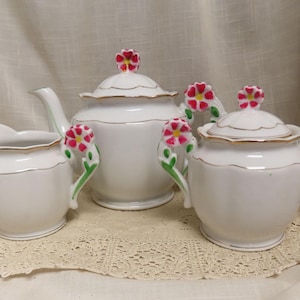 Vintage Porcelain Tea Set Hand Painted Flower Embellishment Teapot Covered Sugar Creamer