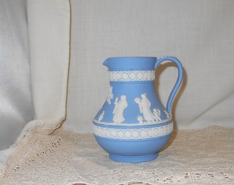 Vintage Wedgwood Jasperware Vanity Blue Milk Pitcher Bisque Porcelain Made In England