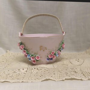 Vintage Lefton Hand Painted Pink Porcelain Basket Applied Flowers Handled Basket Candy Dish