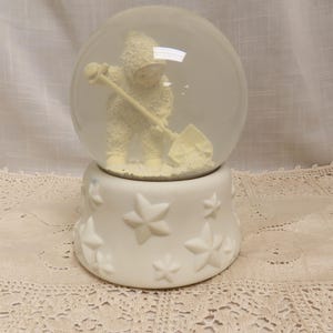 Vintage Snow Baby Snow Globe Music Box Whistle While You Work Department 56 Porcelain Bisque Base Sanyo Music Box