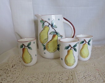 SALE Vintage Juice Set Hand Painted Pears Juice Pitcher Juice Tumblers Juice Glasses Ceramic Juice Set