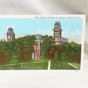 Cartão postal vintage de lembrança, edifício principal da Universidade de Arkansas, Fayetteville, Arkansas, cartão postal não processado