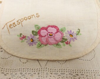 SALE Antique Hand Appliqued and Embroidered Linen Teaspoons Cozy Flannel Lined Storage Bag