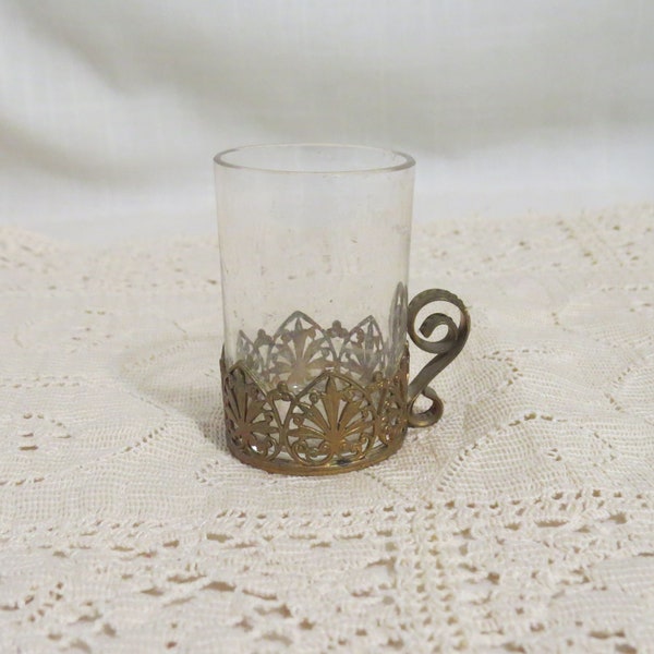 SALE Vintage Aperitif Shot Glass Metal Brass Filigree Base Barware