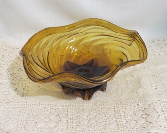 SALE Vintage Blown Glass Bowl Amber Glass Bowl Ruffled Edge Bowl