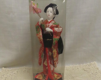 Vintage Nishi Handcrarfted Geisha Girl Art Doll IN BOX Hand Painted Silk Fack And Hands Silk Kimono