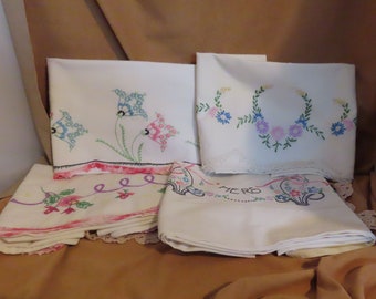 Vintage Lot Of Mismatched Pillowcases Hand Embroidered Hand Crocheted Edging Floral Motifs Crafting Pillowcases Hand Sewn Top Seam