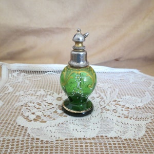 SALE Antique Enameled Perfume Atomizer Hand Painted Hand Blown Green Glass Atomizer Gold Gilt Trim