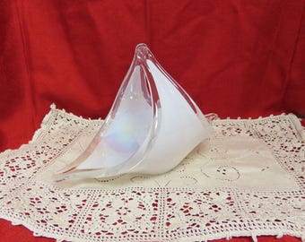 Vintage Murano Glass Basket Hand Blown White Swirl Iridescent Glass Basket