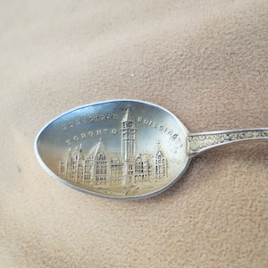 SALE Antique Toronto Muncipal Building Souvenir Spoon Sterling Silver Hallmarked Enameled Crest  Embossed Bowl Gold Wash Ontario Canada