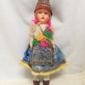Antique Eastern European Hand Painted Cloth Doll In Ethnic Dress