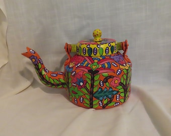 SALE Vintage Colorful Hand Painted Tea Kettle Wrought Aluminum Vislam Tea Kettle Kitchen Decor Made In India