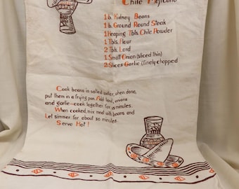 SALE Vintage Linen Chile Mejicano Recipe Graphics Olla Sombrero Tea Towel Cup Towel Hand Towel