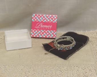 Vintage Hand Painted Jeweled Hinged Bangle Bracelet With Safety Chain Madeira Premier Designs MINT IN BOX