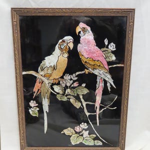 Antique Foil Reverse Painted Large Macaw Picture Handcrafted Artist Made Parrot Picture Period Wooden Frame