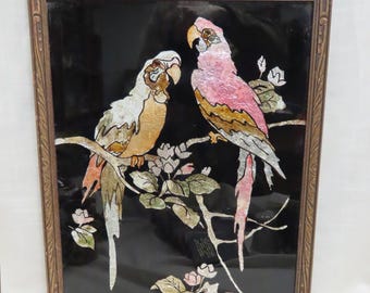 Antique Foil Reverse Painted Large Macaw Picture Handcrafted Artist Made Parrot Picture Period Wooden Frame