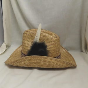 Vintage Straw Cowboy Hat With Feathers Cattleman Crease Crown