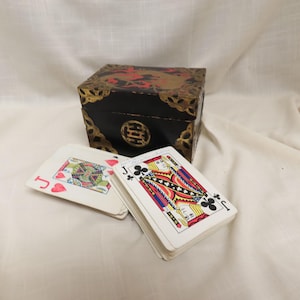Cartes de voyance cartomancie vintage, 2 jeux de cartes avec instructions dans une boîte japonaise peinte à la main, raccords en laiton, boîte laquée noire