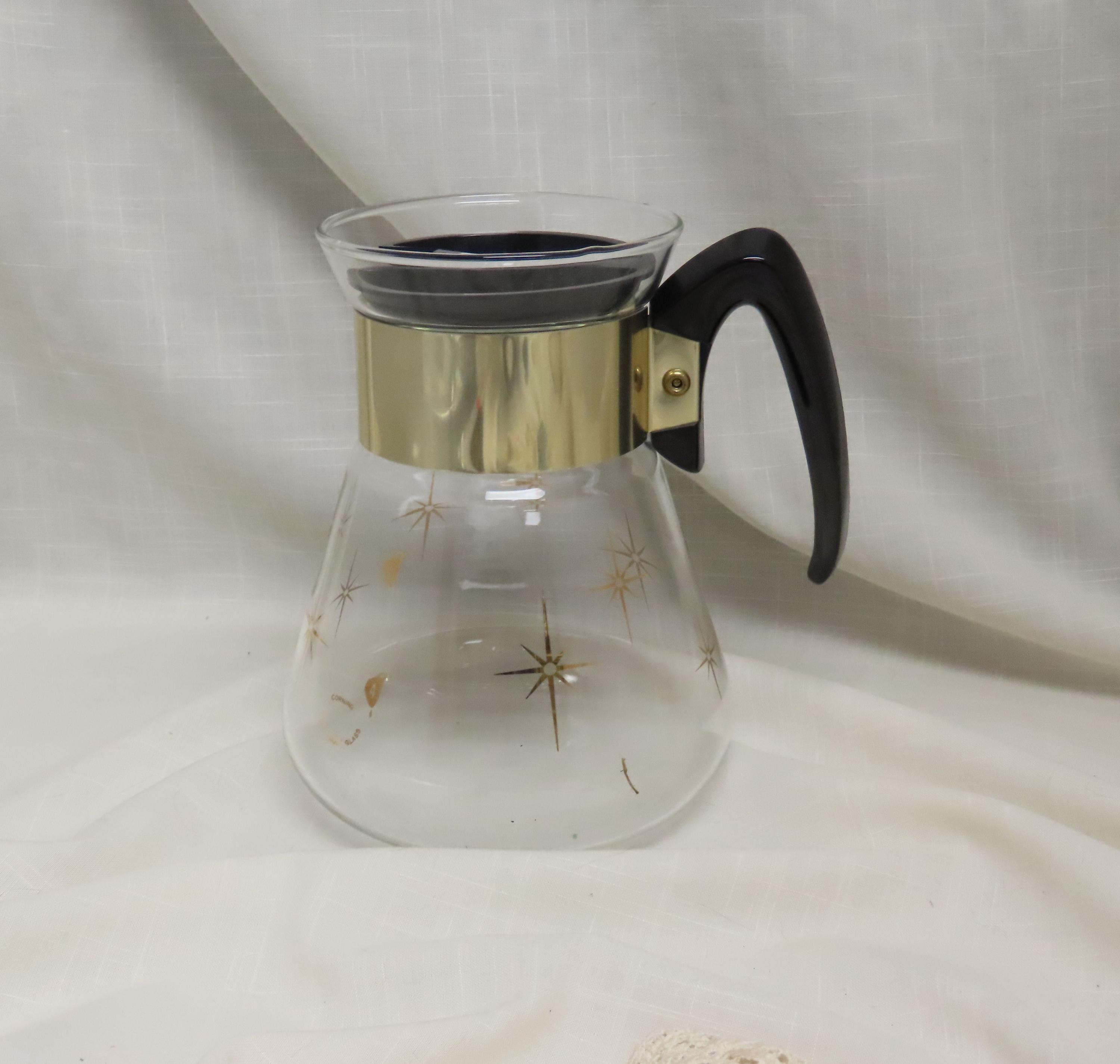 Vintage Corning Heat Proof Glass Coffee Carafe With Lid Starburst Pattern Atomic Star Pattern 6 Cups Pyrex Coffee Carafe