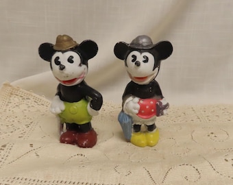 Figuras de porcelana de Mickey Mouse y Minnie Mouse con ojos de pastel pintadas a mano vintage Figuras de Walt E Disney Disneyiana