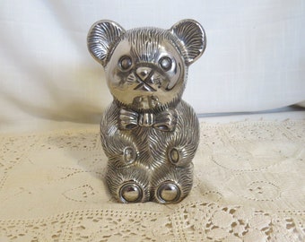 SALE Vintage Teddy Bear Piggy Bank Silver Plate Teddy Bear Bank