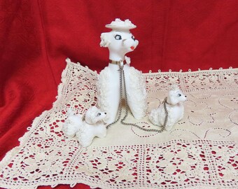 SALE Vintage Poodle With Puppies On Chains Porcelain Figurines Hand Painted Figurines Coleslaw Poodle Figurines Gold Gilt Trim