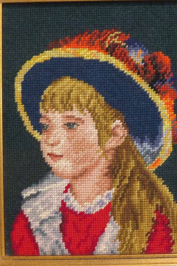Vintage Needlepoint Girl in Large Hat Portrait Framed Wall Etsy