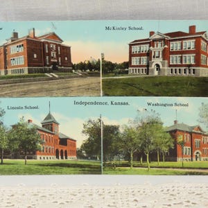 Cartão postal antigo Mulitview Independence Kansas Schools Longfellow McKinley Lincoln Washington