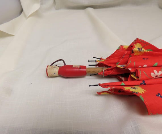 セール ヴィンテージ 子供用 布製傘 花柄傘 子供用 日傘 手描き 木製