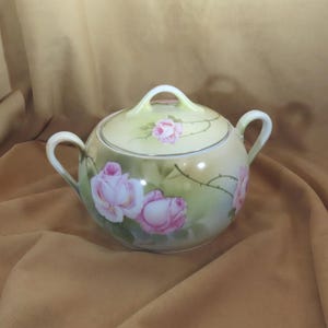 SALE Antique Porcelain Biscuit Jar  PSAG Bavaria Porcelain Biscuit Jar Mauvilles Roses Decal Hand Painted Gold Gilt Trim