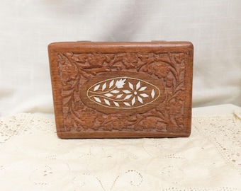 Vintage Hand Carved Wood Jewelry Box With Bone Inlay Floral Design