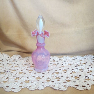 SALE Vintage Pink Opalescent Glass Perfume Bottle Blown Glass With Ground Glass Stopper Double Ruffle Perfume Bottle Art Glass Perfume