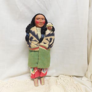 Vintage Large Skookum Indian Doll Bully Good With Baby and Original Label Hand Painted Skookum Doll
