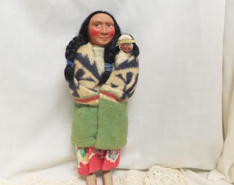 Vintage Large Skookum Indian Doll Bully Good With Baby and Original Label Hand Painted Skookum Doll