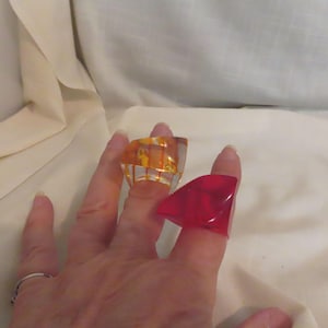 SALE Vintage Pair Of Abstract Lucite Rings Red Ring Orange Stiped Rings