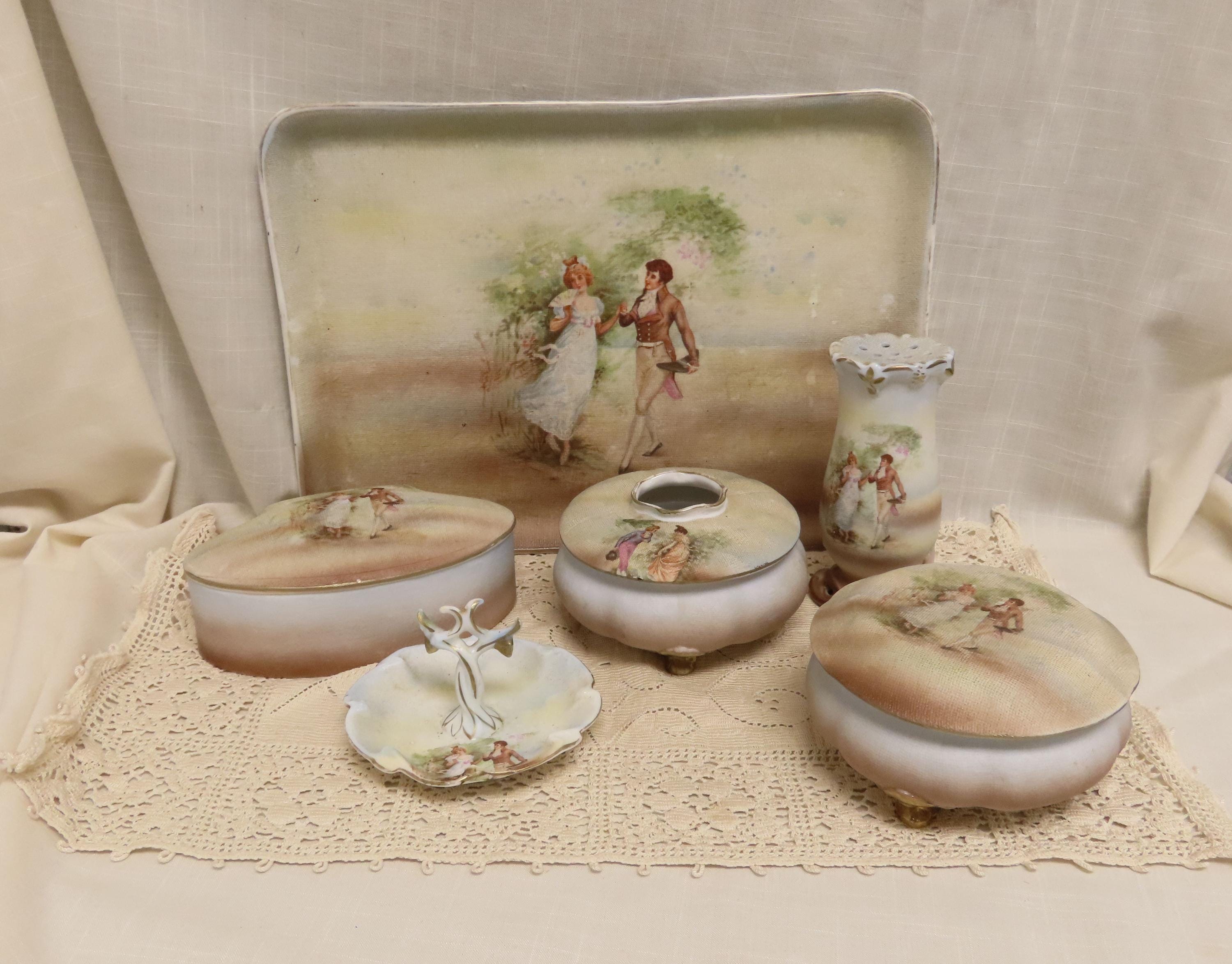 Antique Royal Bayreuth Bavaria Tapestry Porcelain Dresser Set