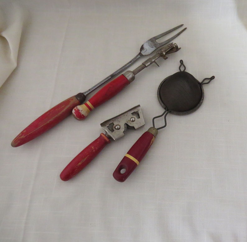 Vintage Red Handled Kitchen Tools Meat Fork Can Opener Knife Etsy
