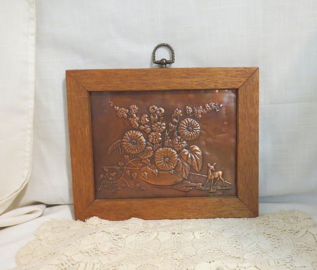 Vintage Embossed Copper Wall Hanging Handcrafted Copper Oak Wood Frame ...