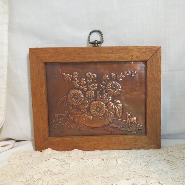 Vintage Embossed Copper Wall Hanging Handcrafted Copper Oak Wood Frame