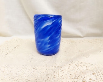 Vintage Hand Blown Glass Blue Swirl Glass Tumbler Juice Glass Vase