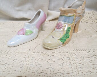 Antique Lustreware Shoe Figurines Lusterware Shoes Hand Painted Porcelain