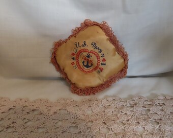 Vintage WWII Navy Sweetheart Tiny Satin Pillow Souvenir WWII Home Front WWII Militaria