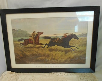 Antique Print The Pursuit  S. F. Tait Artist N. Currier Lithograph Print Wooden Frame