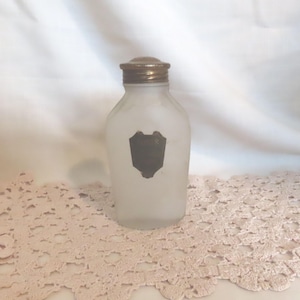 SALE Antique Doris Borated Toilet Powder Jergens Frosted Glass Bottle Art Nouveau Embossed Label Talc Bottle